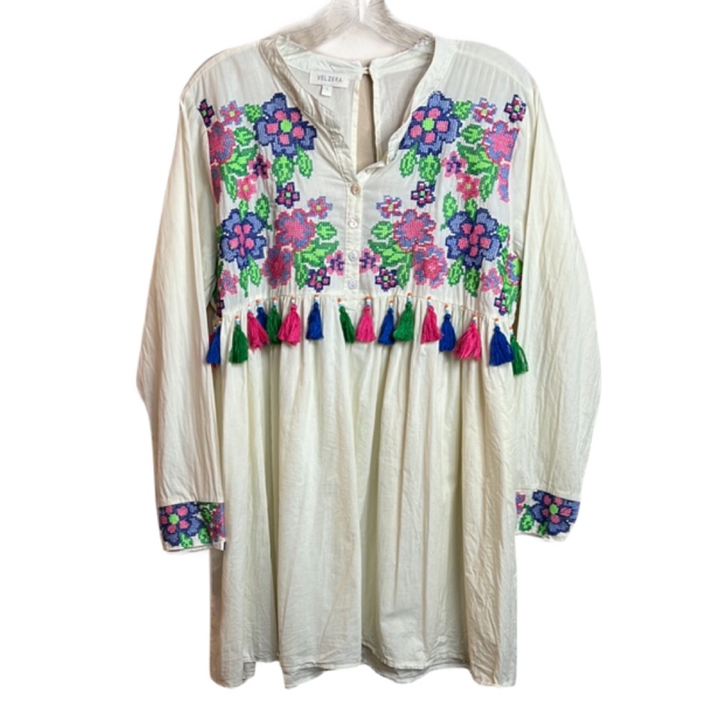 Velzera Large Off White Embroider Cross Stitch Floral Tassel J-Was Vibes